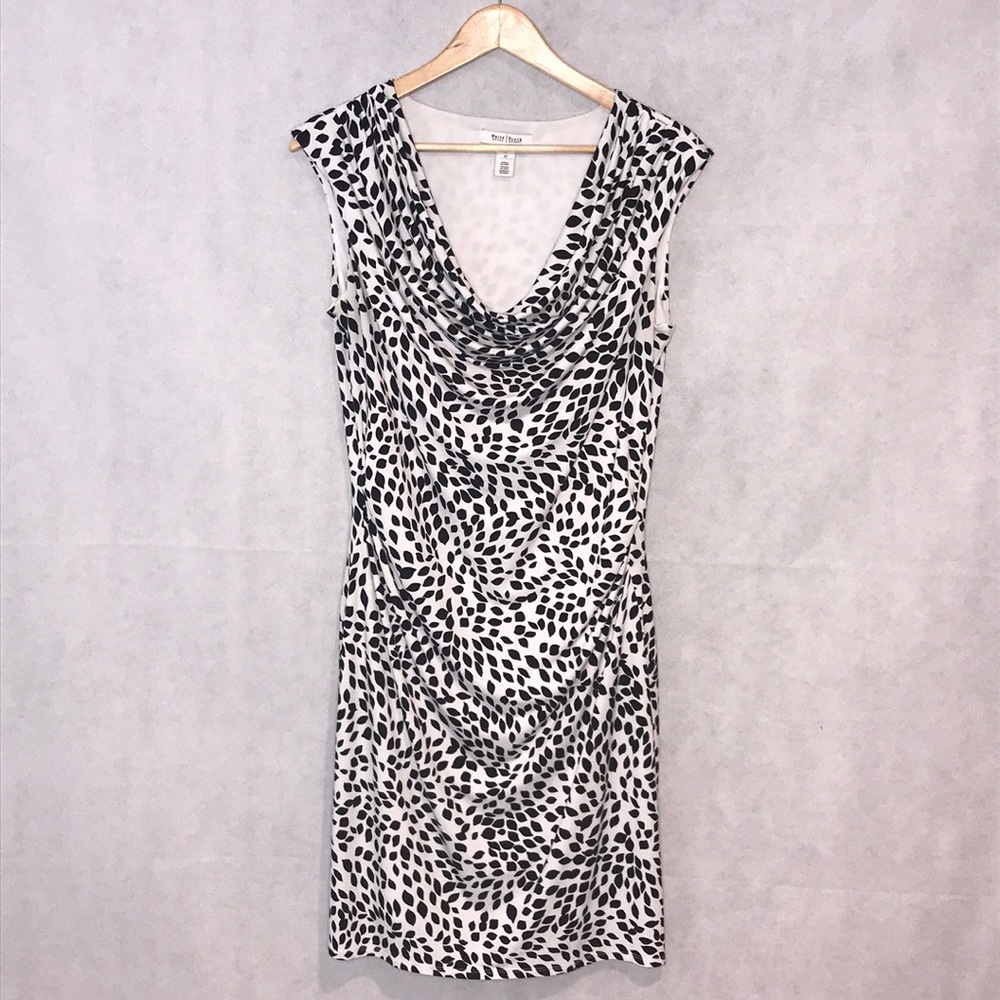 WHBH Black White Leaf Print Polka Dot Faux Wrap Dress Business Dress Size 12